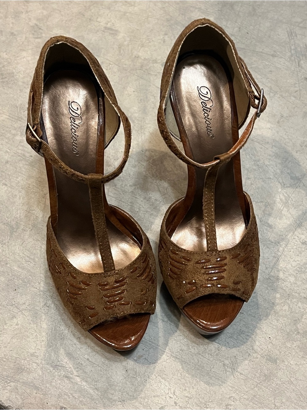 Delicious Brown Suede T-Strap Peep Toe Heels